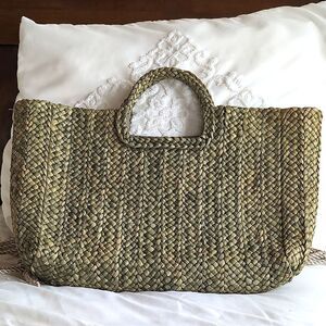 Vintage Sun And Sand Raffia Handwoven Olive Green Pool/ Beach Bag Tote